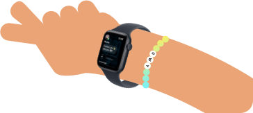 Cartoon-Illustration von zwei Kinderarmen, beide tragen eine Apple Watch SE 3, eine mit der Aktivitätsapp, die andere mit der Nachrichten App
